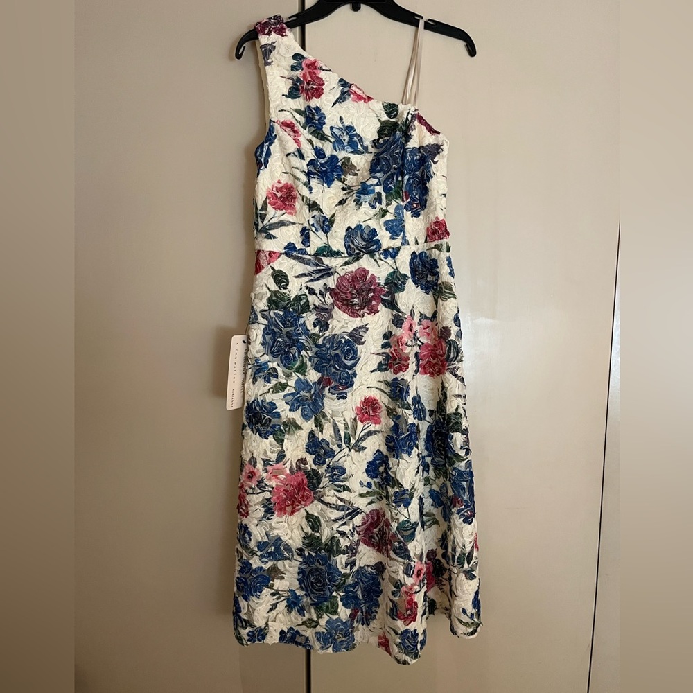 Adrianna Papell One Shoulder Floral Dress - Blue and Pink